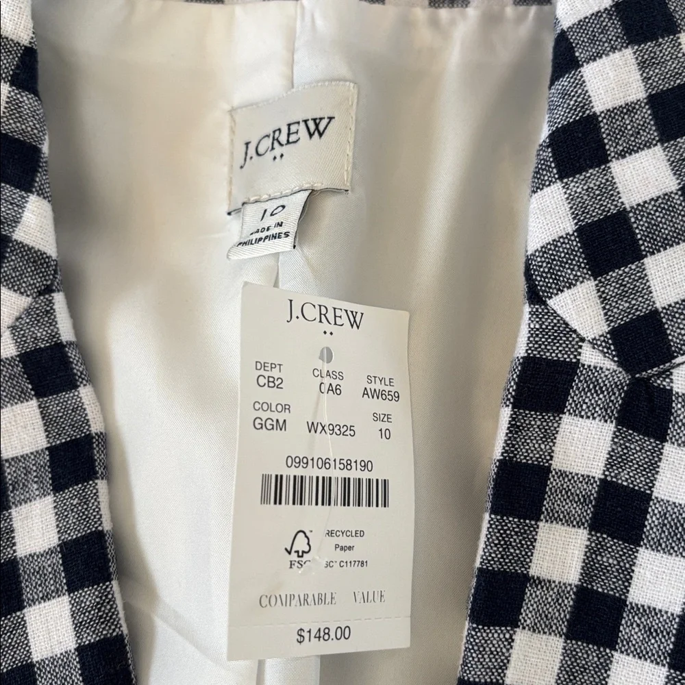 J. Crew Gingham linen-blend Holland  ‎ Women's Blazer Size 10 NWT